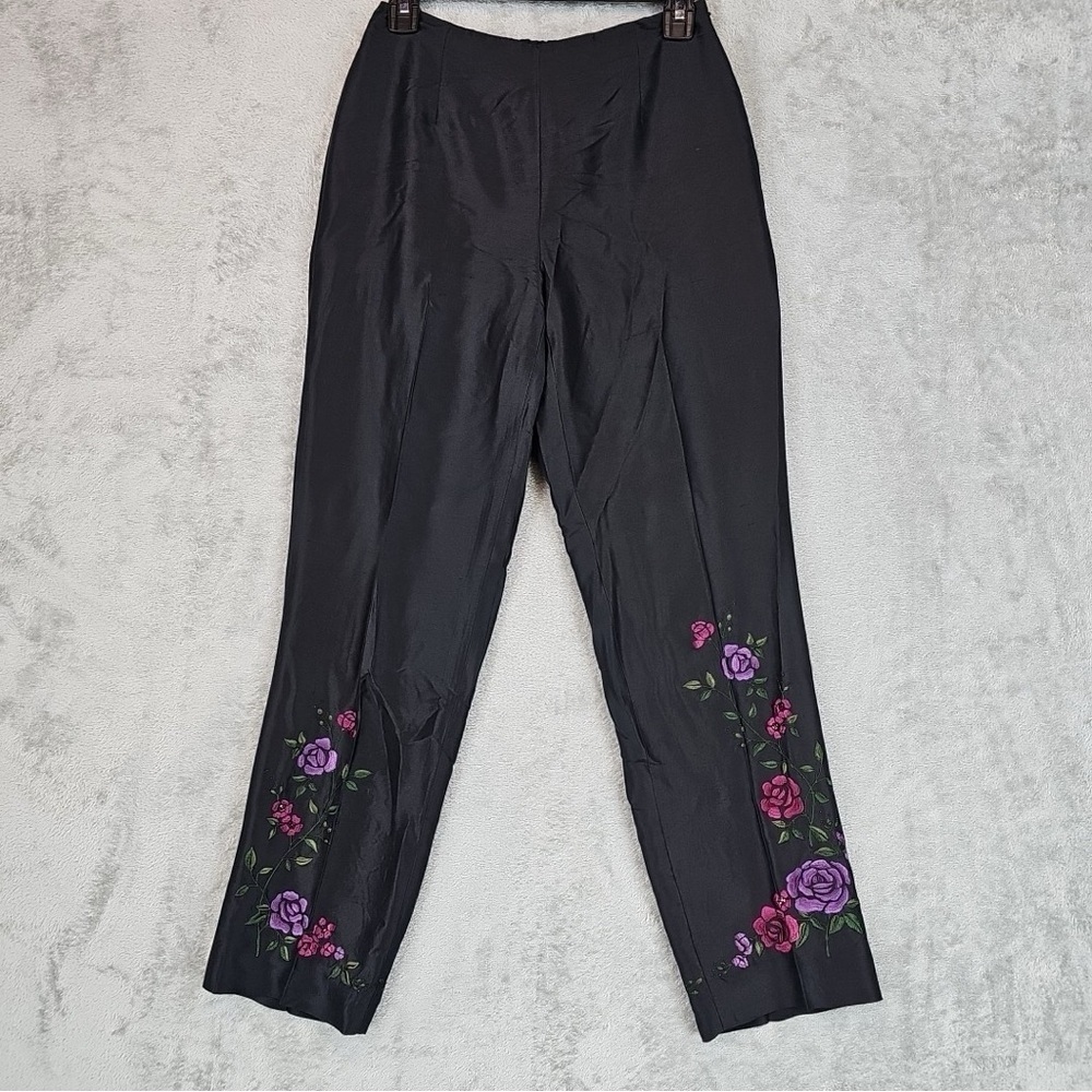 Vintage Ann Taylor Black Silk Pants with embroidered flowers and beads taffeta